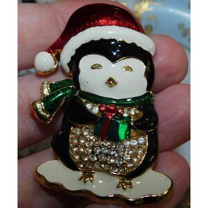 Vintage SFJ Christmas Penguin Holding Gift Brooch